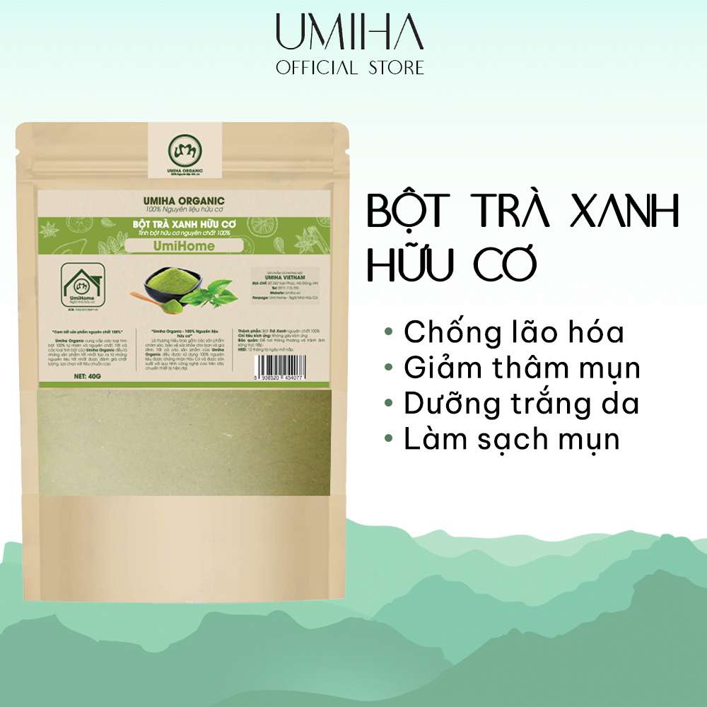 Bột Trà Xanh nguyên chất UMIHOME 40G bột đắp mặt nạ, tắm trắng, dưỡng ẩm da và ngừa mụn hiệu quả