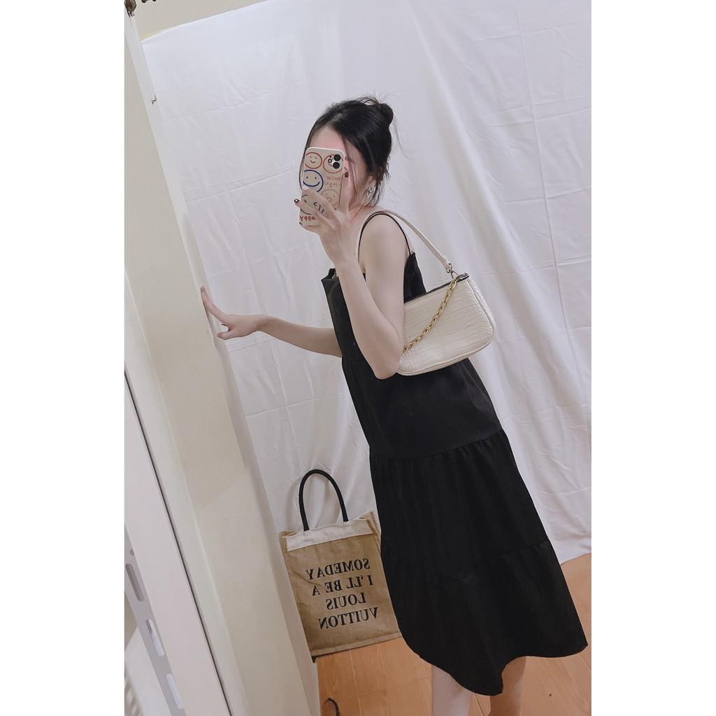 Váy, Đầm Maxi Đen Nữ 2 Dây Bún Hở Lưng Màu Đen