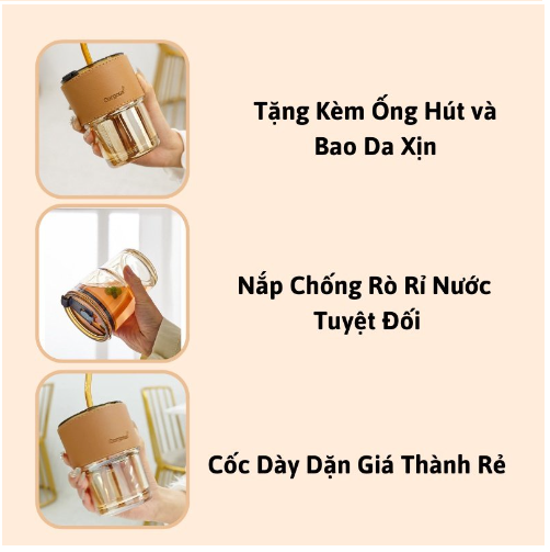 Cốc Thủy Tinh Bọc Da Cao Cấp Tặng Kèm Nắp Đậy Và Ống Hút GD596-LyTT