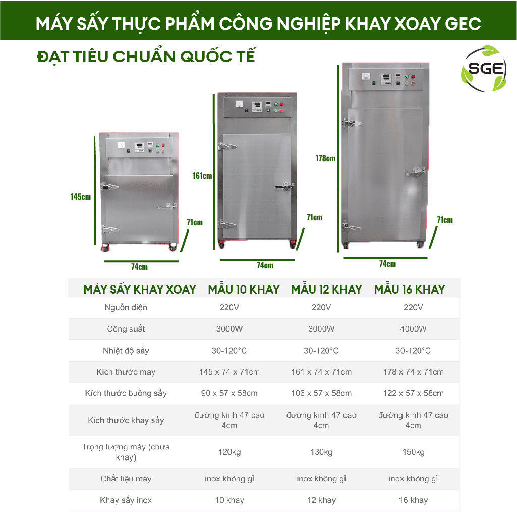 Máy sấy công nghiệp khay xoay tròn loại 12 khay GEC12. Sấy nhanh, tốc độ cao gấp 10 lần phơi nắng, dễ thao tác, sử dụng, an toàn với bảo vệ cách nhiệt. Hàng nhập khẩu chính hãng SGE Thailand