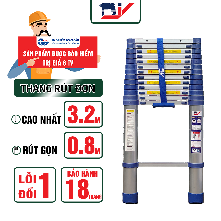 Thang nhôm rút đơn DIY TL-I-32S - Chiều cao tối đa 3.2m, chiều cao rút gọn 0.8m tải trọng 150kg