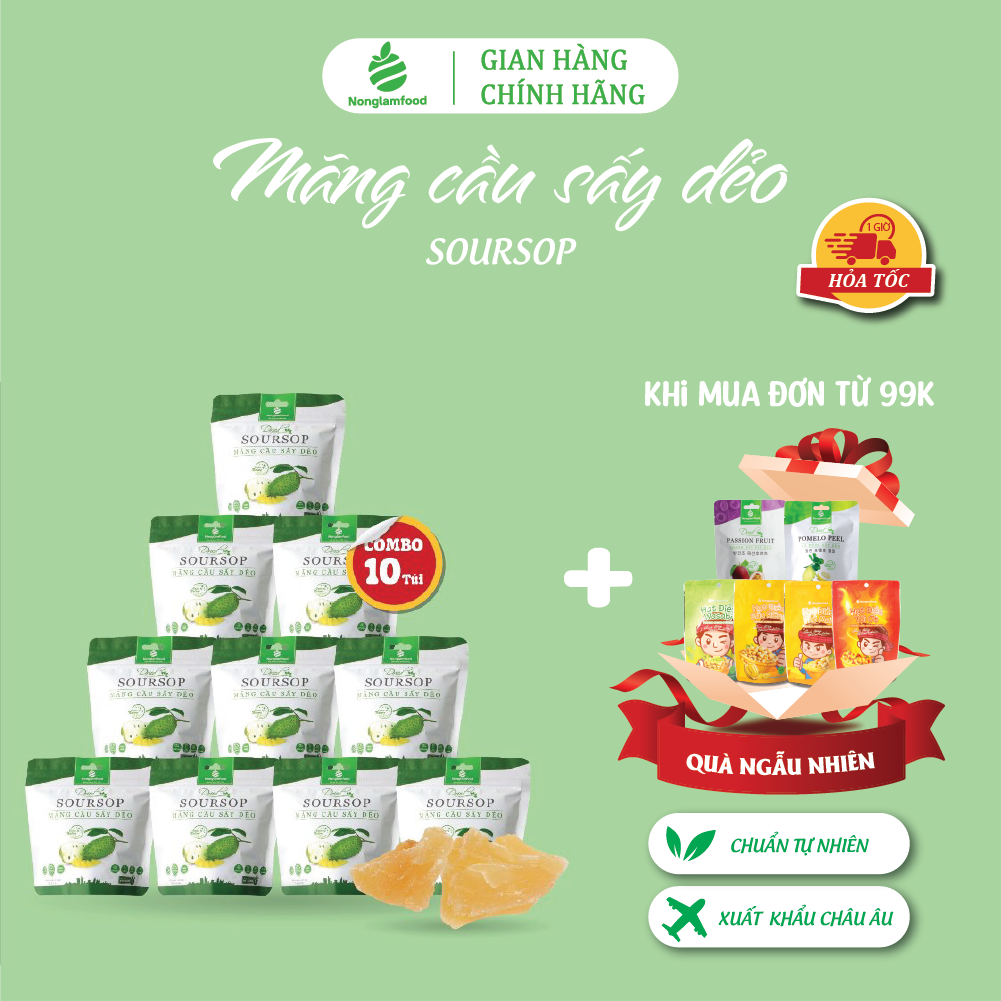 [MUA 10 TẶNG 2] Combo 10 túi Mãng cầu sấy dẻo Nonglamfood túi 75g | Giảm cân, đẹp da, giữ dáng hiệu quả, ăn vặt healthy snack