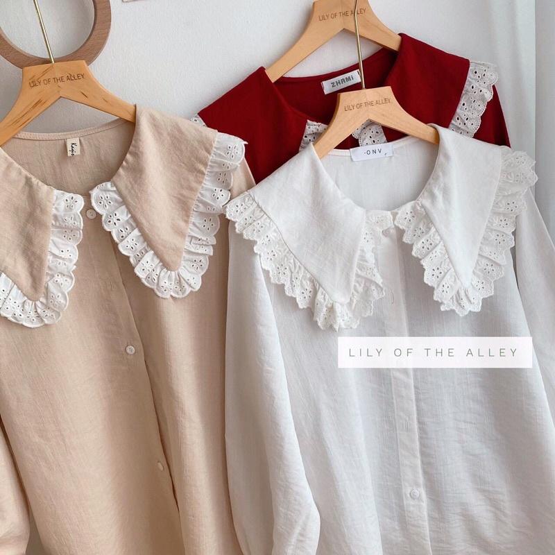 Sơ mi đũi xước cổ búp bê viền ren