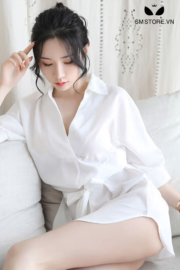 Váy ngủ mỏng sexy quyến rũ với cổ chữ V, nơ thắt eo - SMS041