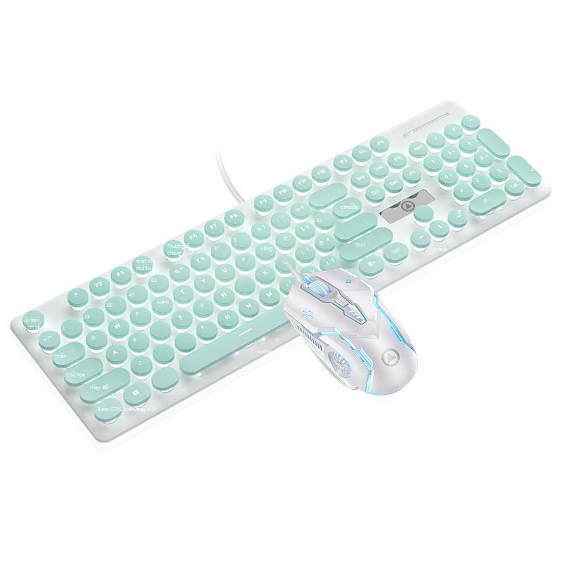 Phong cách mới nhất V8 cơ tay cảm giác bàn phím chuột tai nghe tắt tiếng có dây cô gái văn phòng dễ thương gõ phím trò chơi thể thao điện tử