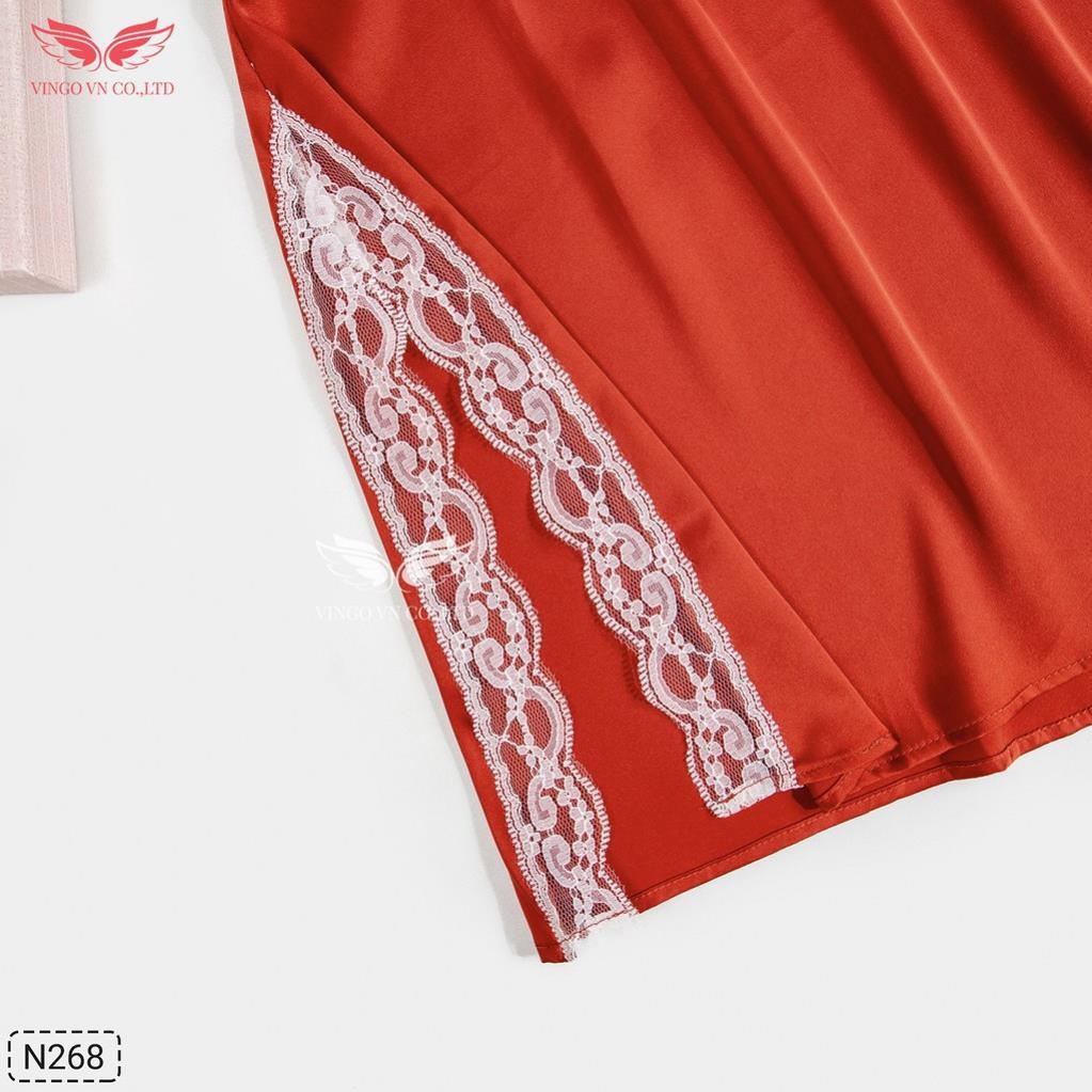 VINGO Váy Ngủ 2 Dây Nữ Mặc Nhà Lụa Pháp Cao Cấp Liền Thân Xẻ Tà 1 Bên Phối Viền Ren Tinh Tế Gợi Cảm N268 VNGO