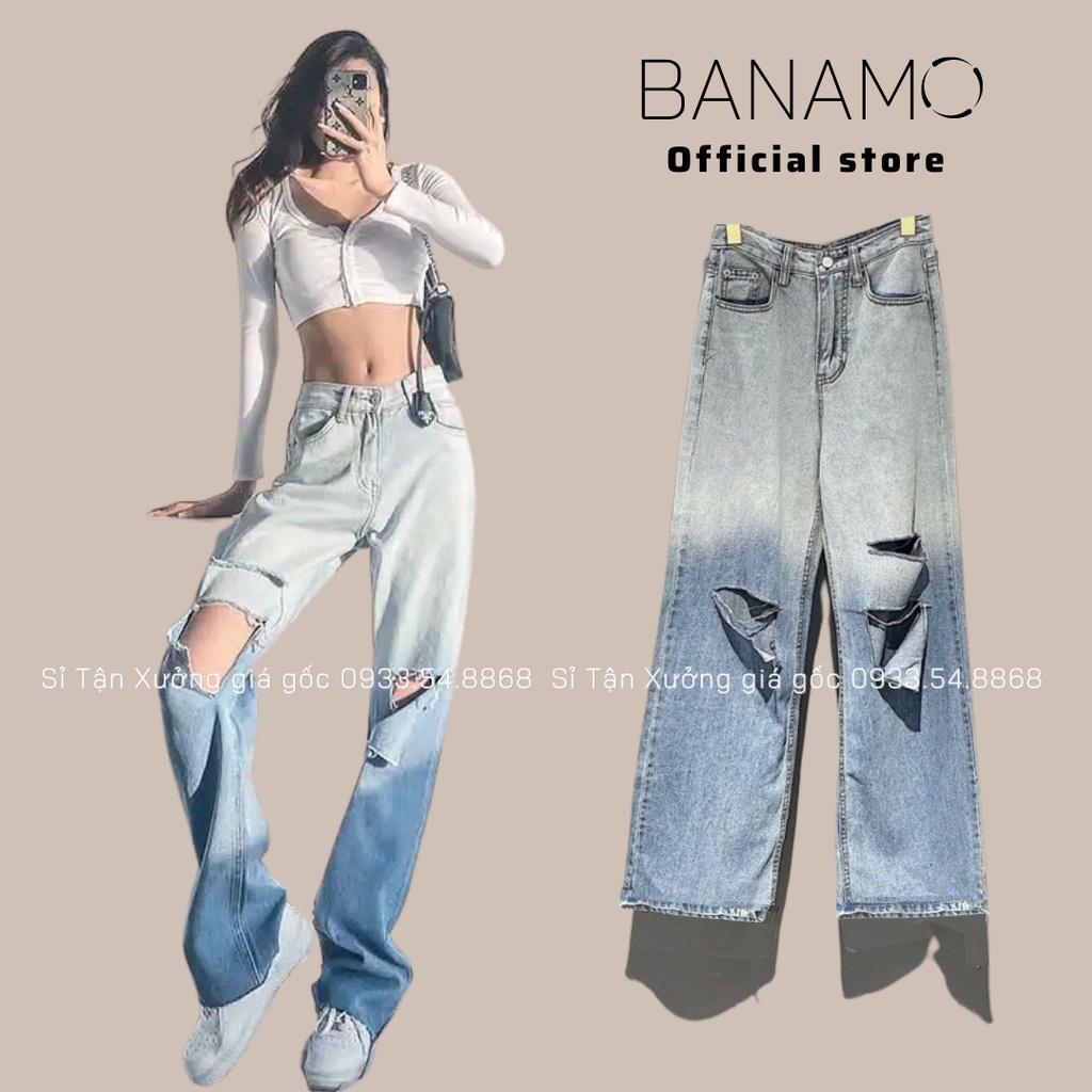 Quần jean nữ xuông rách gối loang màu đậm nhạt siêu đep thời trang Banamo Fashion bò xuông rách gối 9612