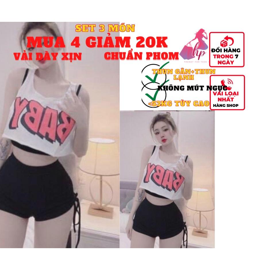 Set đồ nữ 3 món thể thao áo croptop ba lỗ sát nách kèm áo 2 dây ôm body + quần cộc rút eo 2 bên VD124