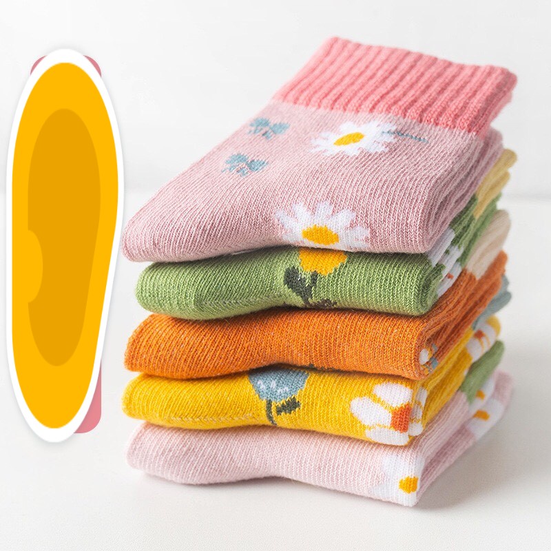 Set 5 đôi tất vớ cotton len họa tiết bông hoa thời trang cho trẻ em bé gái từ 1-9 tuổi