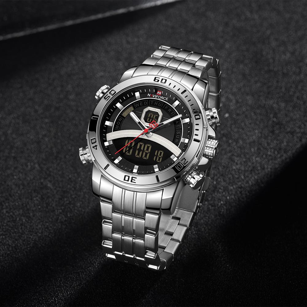 Đồng hồ NAVIFORCE Quartz Digital Electronic có đèn nền, chế độ giờ kép Chống thấm nước - Bạc