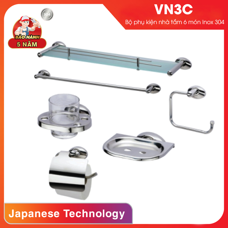 Combo phụ kiện nhà tắm 6 món Inox 304 - Sang trọng, bển bỉ, dễ dàng lâu chùi VN3C