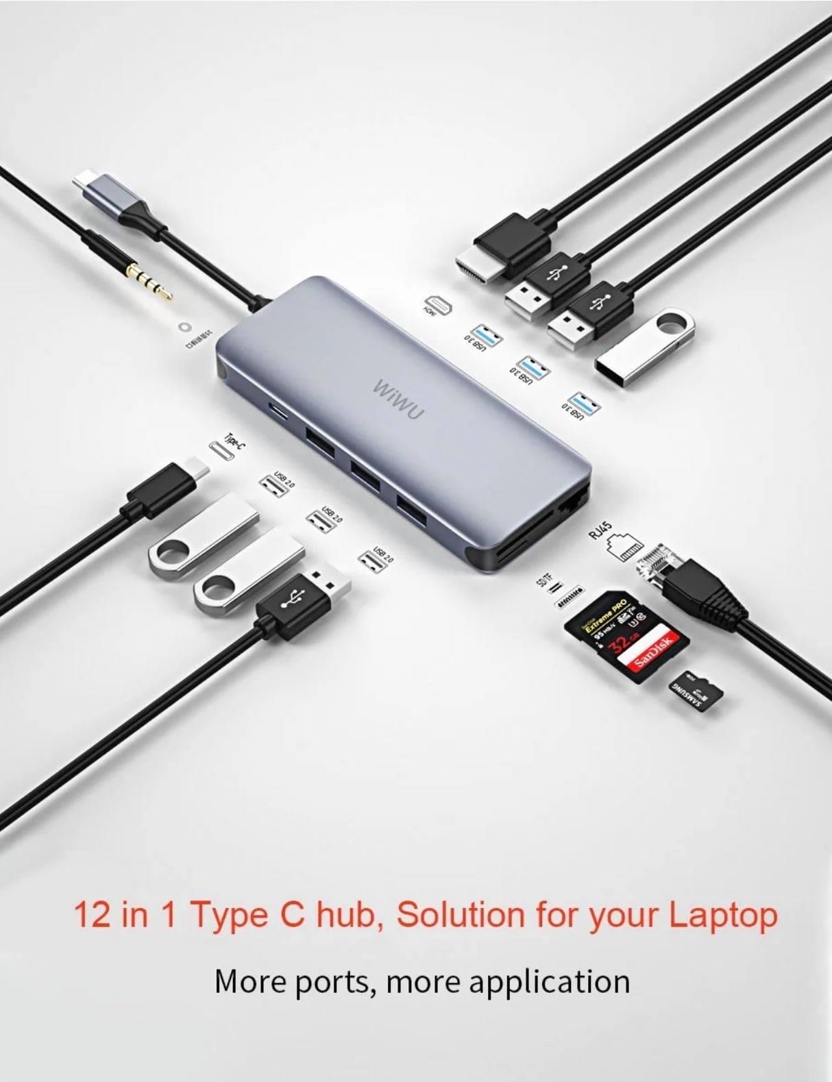 BỘ CHUYỂN WIWU ALPHA 12 IN 1 USB TYPE C HUB Chỉ Truyền Dữ Liệu, Không Được Hỗ Trợ Nguồn Điện - Hàng Chính Hãng 