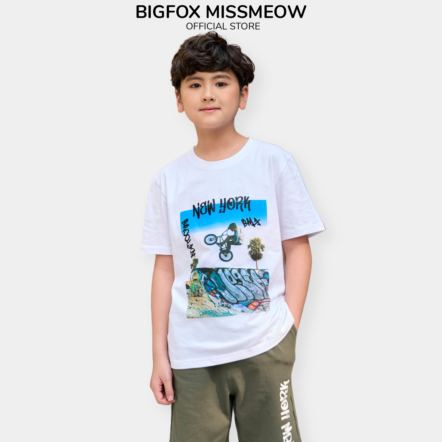 Đồ bộ cộc tay bé trai size đại Bigfox Miss Meow mùa hè vải cotton kiểu dáng Hàn Quốc in xe đạp cỡ 12-15 tuổi 40kg 50kg