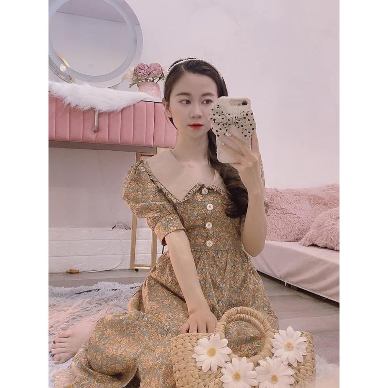 VÁY HOA NHÍ CỔ BẺ PHỐI CÚC GIỮA