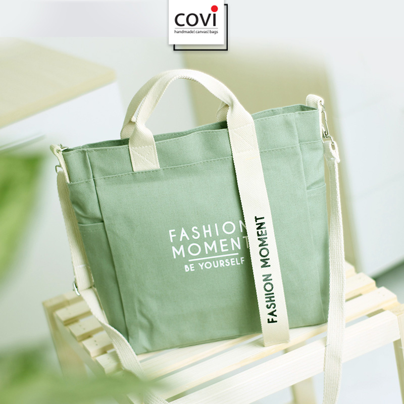 Túi vải Hàn Quốc, túi đeo chéo vải canvas phối chữ fashion moment thời trang Covi nhiều màu sắc T11-M-Màu Xanh Đậu