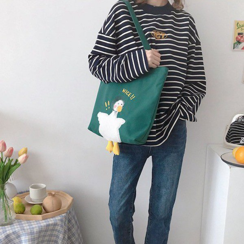 2021 Mới Eco Canvas Túi Động Vật Dễ Thương Shop Túi Trắng Casual Fashion Mua Sắm Túi Xách Xanh Lưu Trữ Sách Tay túi