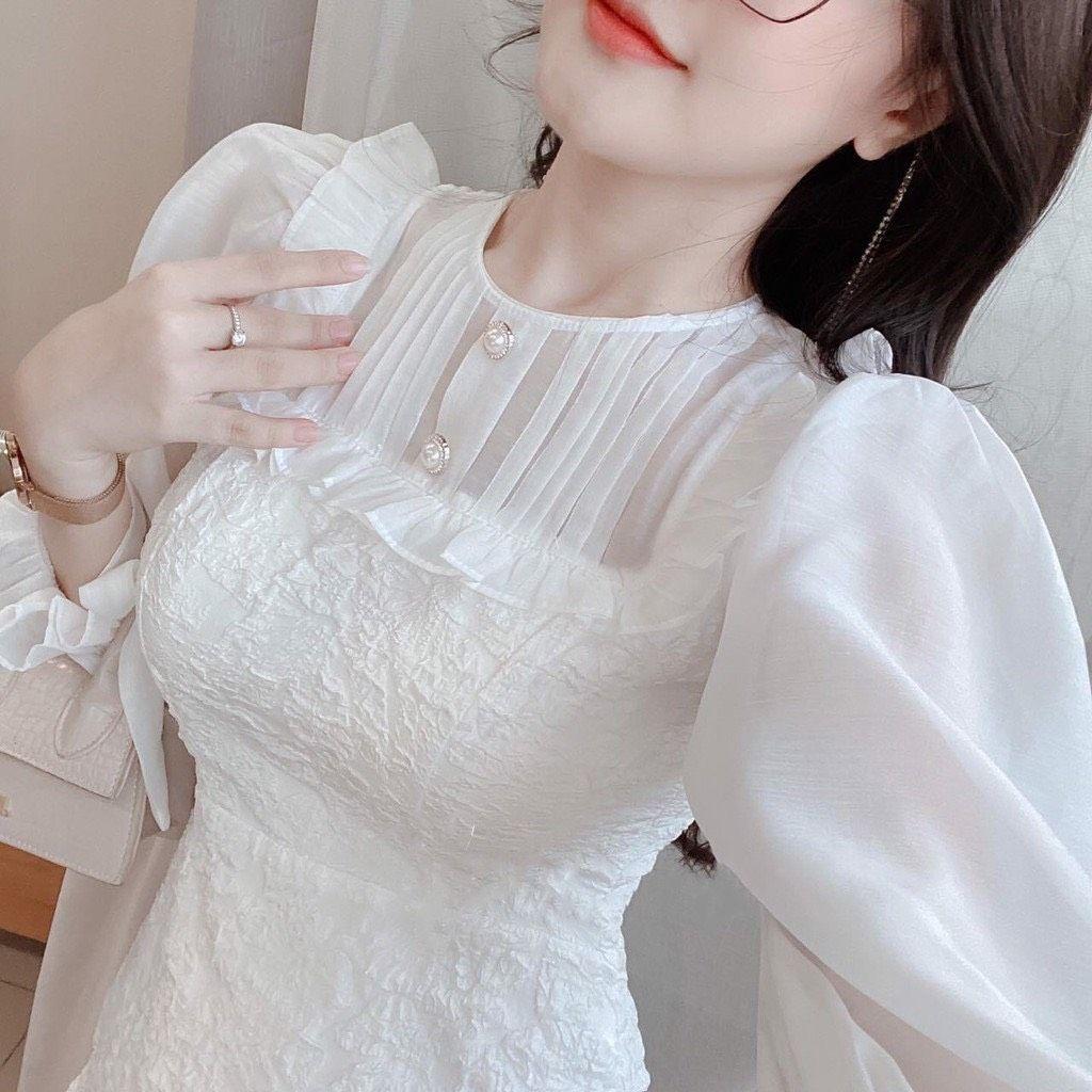 Đầm Trắng Phối Tay Voan Cột Nơ Thanh Lịch