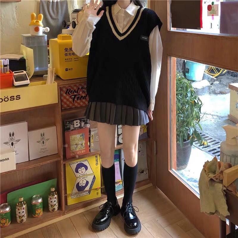 {Ảnh Thật} Áo Gile Len Cổ Chữ V Phong Cách Hàn Quốc Mix Cùng Áo Sơ Mi