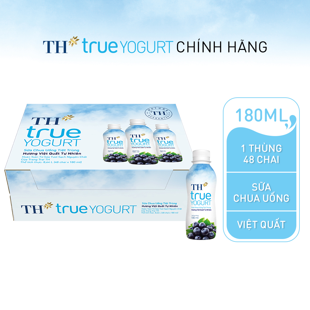 [HSD: 21/6/2024, giảm 20%] Thùng 48 chai sữa chua uống tiệt trùng hương việt quất tự nhiên TH True Yogurt 180ml (180ml x 48)