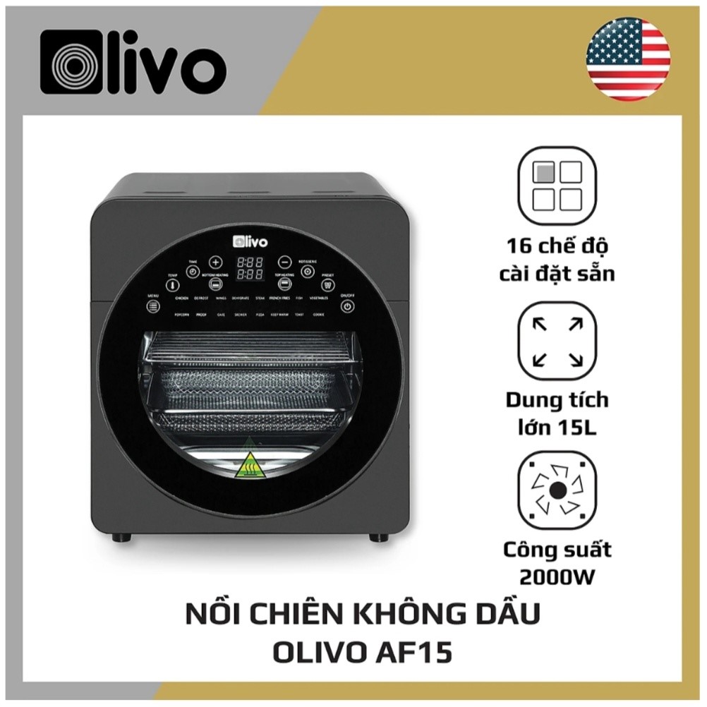 Nồi Chiên Không Dầu OLIVO AF15 Dung Tích 15L 3 Tầng 16 Chế Độ Chiên Nướng Thương Hiệu Mỹ - Hàng chính hãng Olivo