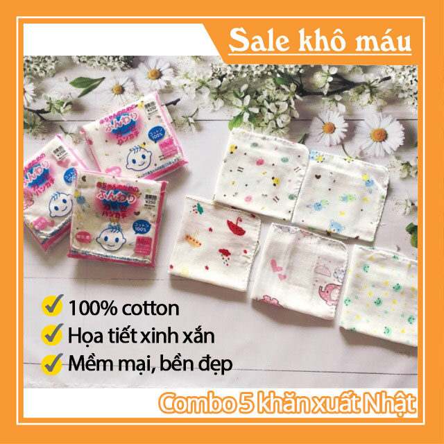 Combo 5 khăn xô trẻ em - Chất vải 2 lớp cotton bền đẹp, mềm mịn, phù hợp cho da bé - Sản phẩm in họa tiết ngộ nghĩnh đáng yêu