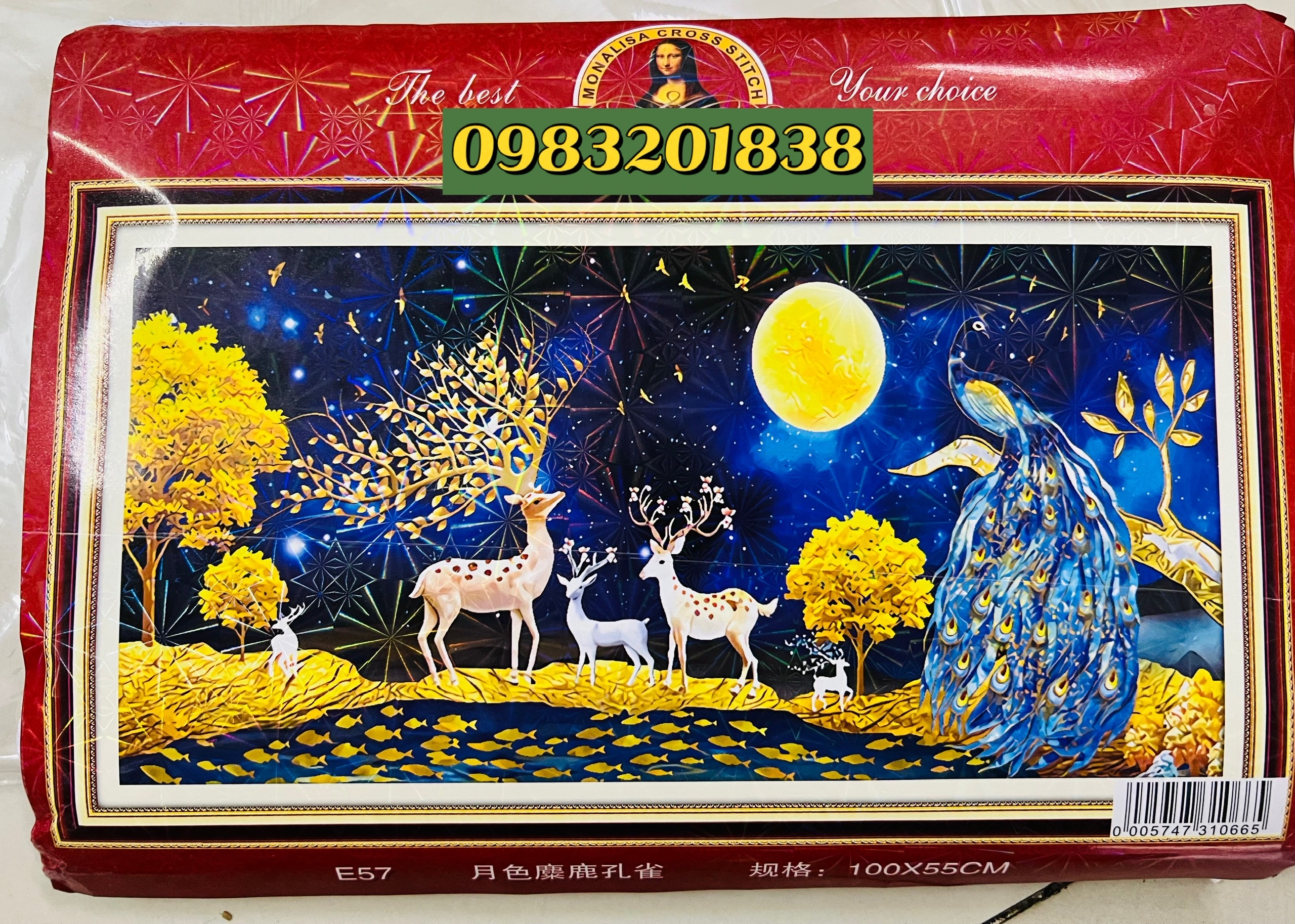 Tranh thêu kín Nai tài lộc E57, kích thước 100*55 cm