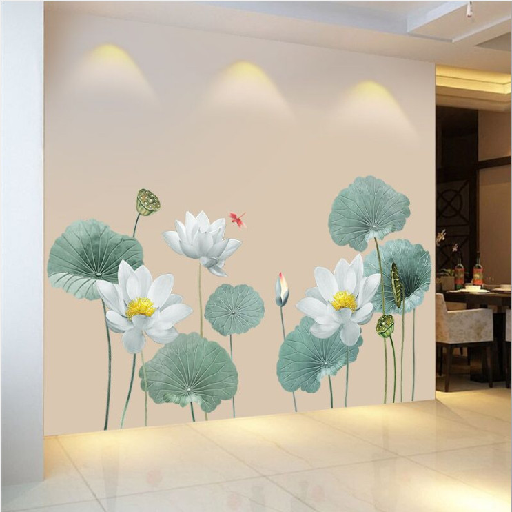 Decal dán tường Hoa sen xanh trang trí phòng khách sang trọng - mẫu số 9 (90 x 180 cm)