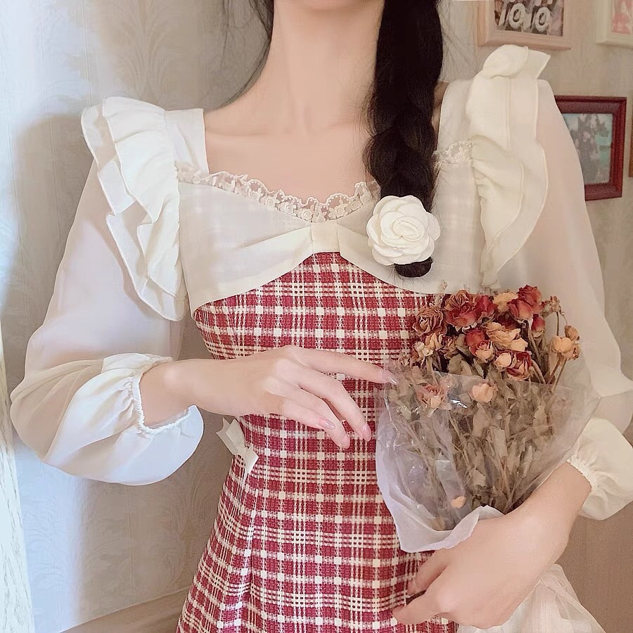 Đầm caro đỏ cổ vuông nơ phối trắng ulzzang hàn quốc