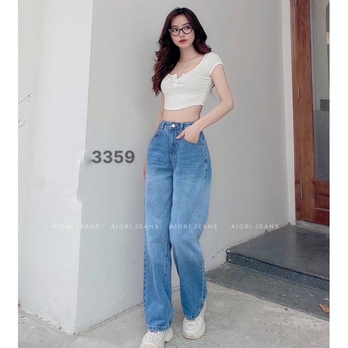 Quần Jeans Nữ, Quần Bò Nữ Aiori Ống Rộng Cạp Cao Loang Màu Bò Suông Phong Cách Thời Trang Hàn Quốc_Mã 3359