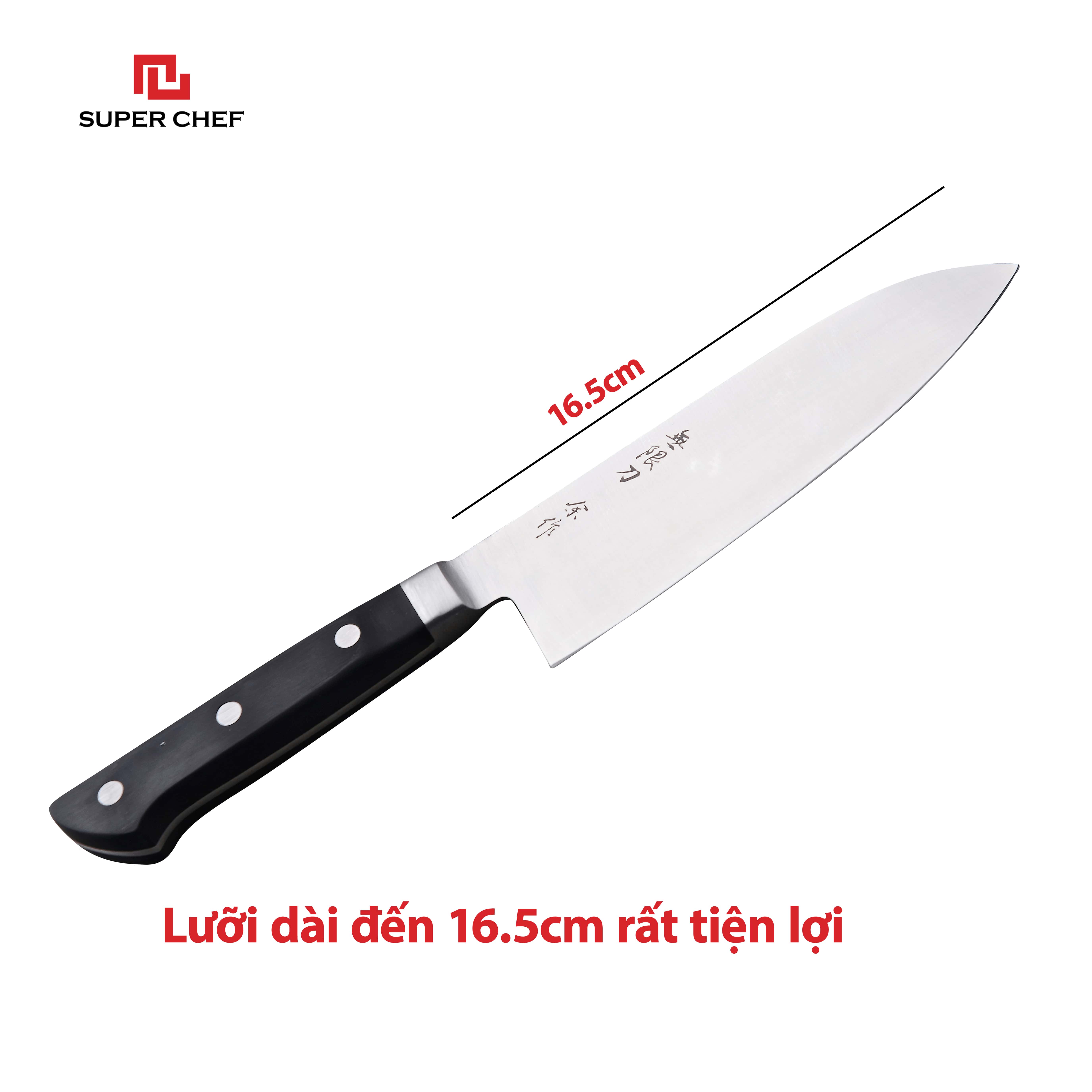 Dao Bếp Dài Santoku Chính Hãng Super Chef Công Nghệ Nhật Siêu Sắc Bén, Lâu Cùn, Lưỡi Thép Cao Cấp Không Gỉ Sét , An Toàn Sức Khỏe Siêu Tiện Lợi ( Lưỡi dài 16.5cm)