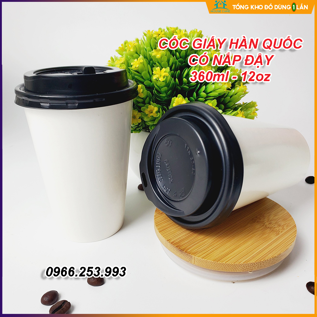 50 cốc giấy CÓ NẮP 360ml size 12OZ cao cấp