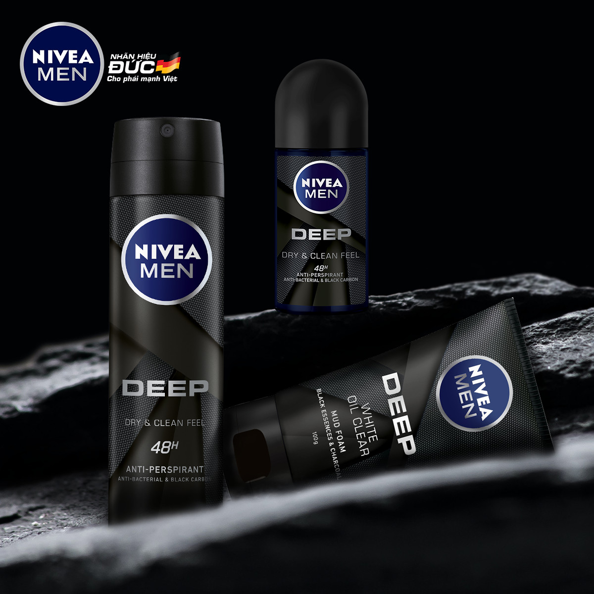 Bộ 3 sản phẩm Xịt và Lăn Ngăn Mùi NIVEA MEN DEEP Than Đen Hoạt Tính (Xịt 150ml - 80027 &amp; Lăn 50ml - 80031) &amp; Sữa Rửa Mặt NIVEA MEN DEEP Than Đen Hoạt Tính Hút Nhờn Sáng Da (100G) - 84415