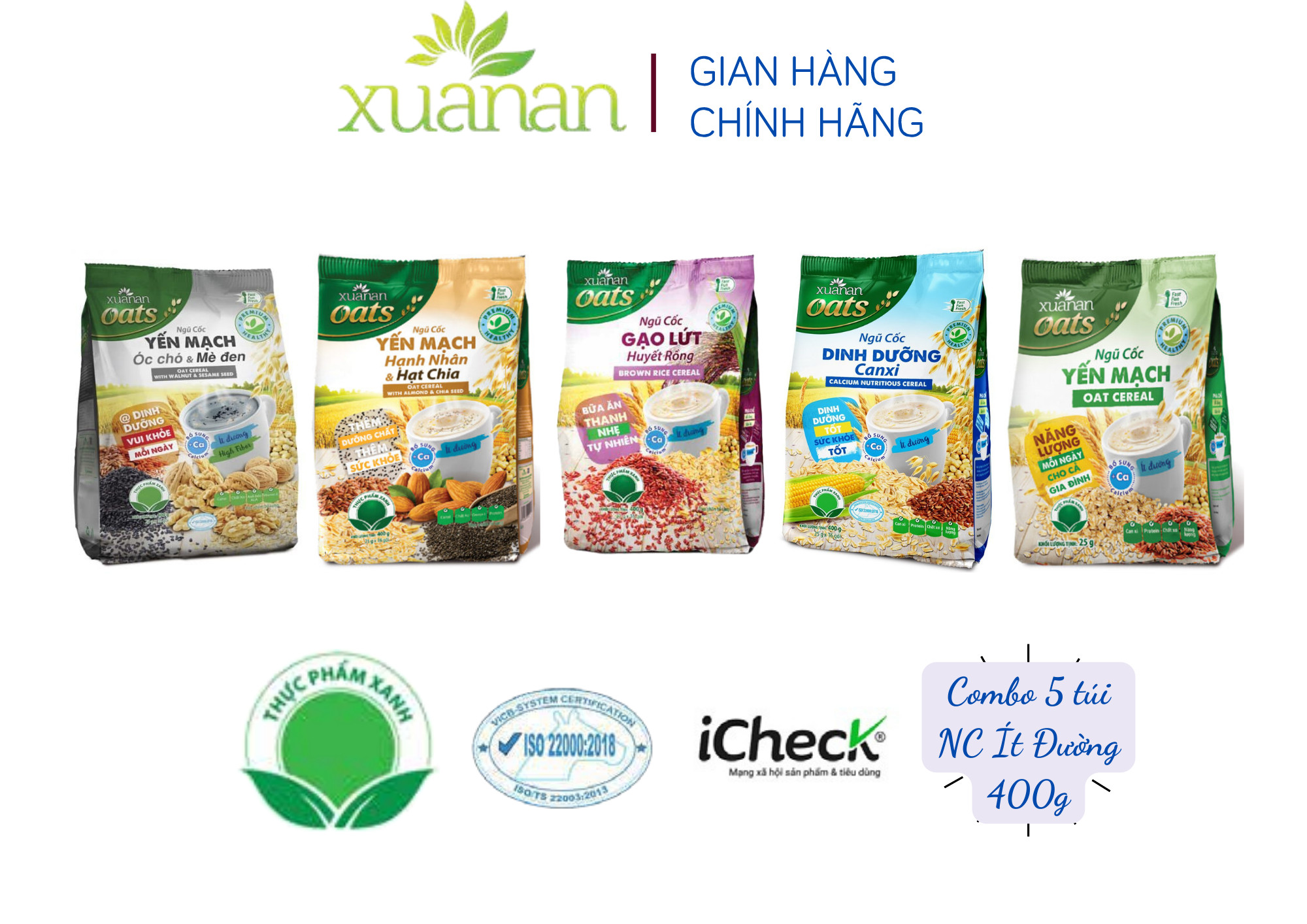 Combo NC Óc Chó Mè Đen+YM Hạnh Nhân+Gạo Lức Huyết Rồng+Dinh Dưỡng Canxi+NC Yến Mạch