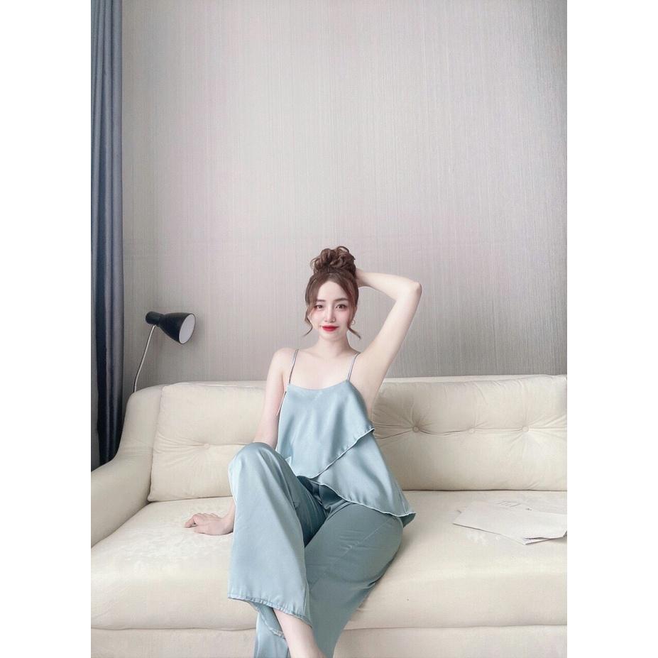 Đồ lụa satin 2 dây tà chéo quần dài cao cấp mặc nhà free size 58kg