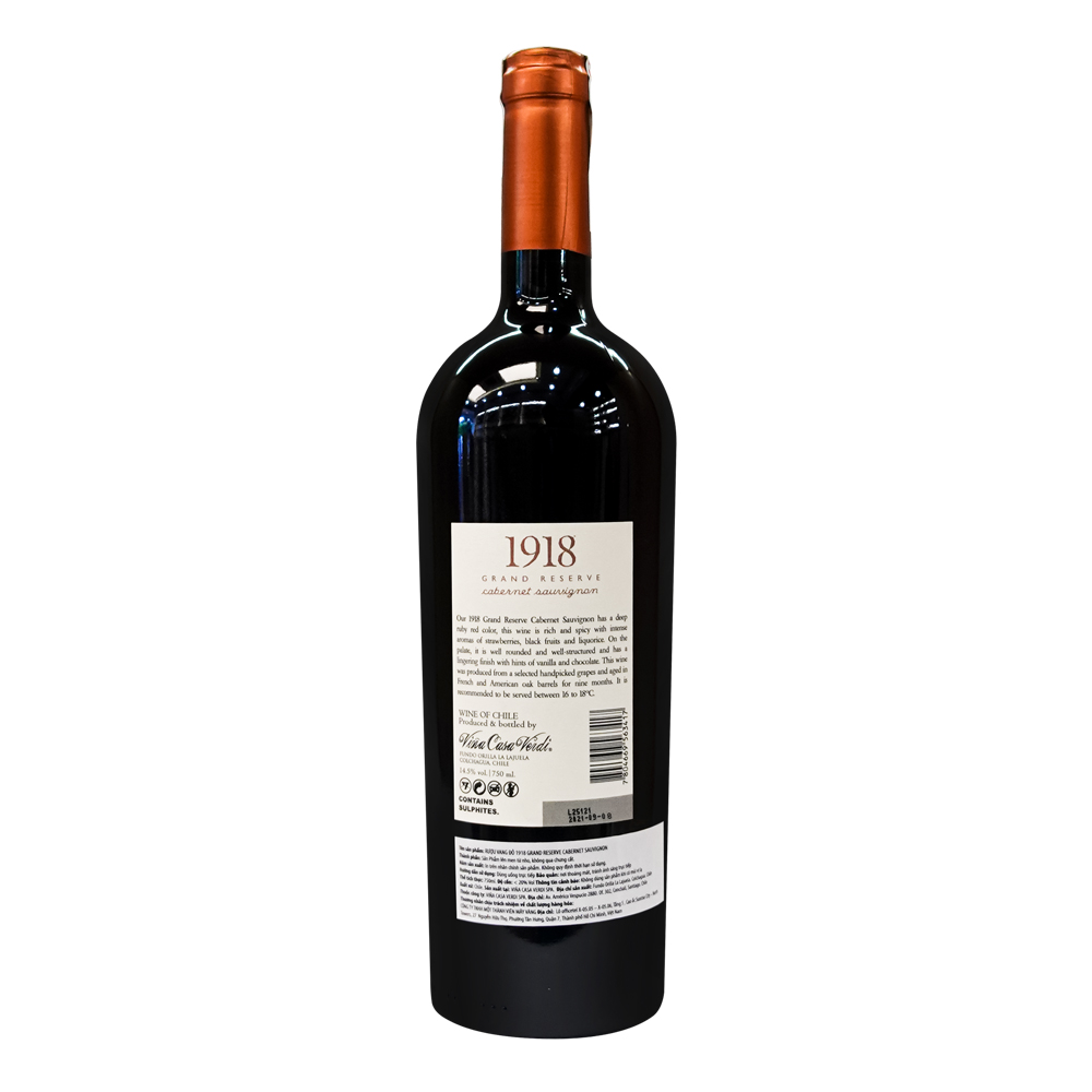 Rượu Vang Đỏ 1918 Grand Reserve Cabernet Sauvignon 750ml 14.5% - Chile - Hàng Chính Hãng