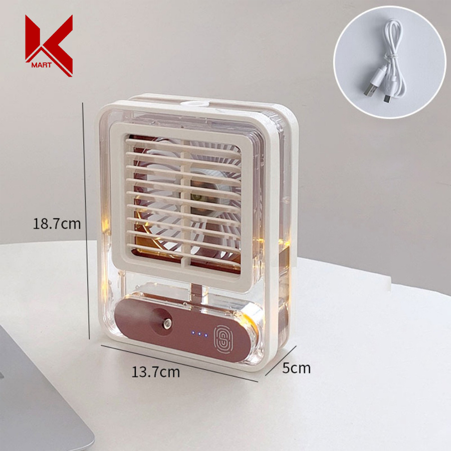 Quạt điều hòa mini trong suốt để bàn, có phun sương và 3 cấp độ gió, tích hợp đèn led - K-Mart