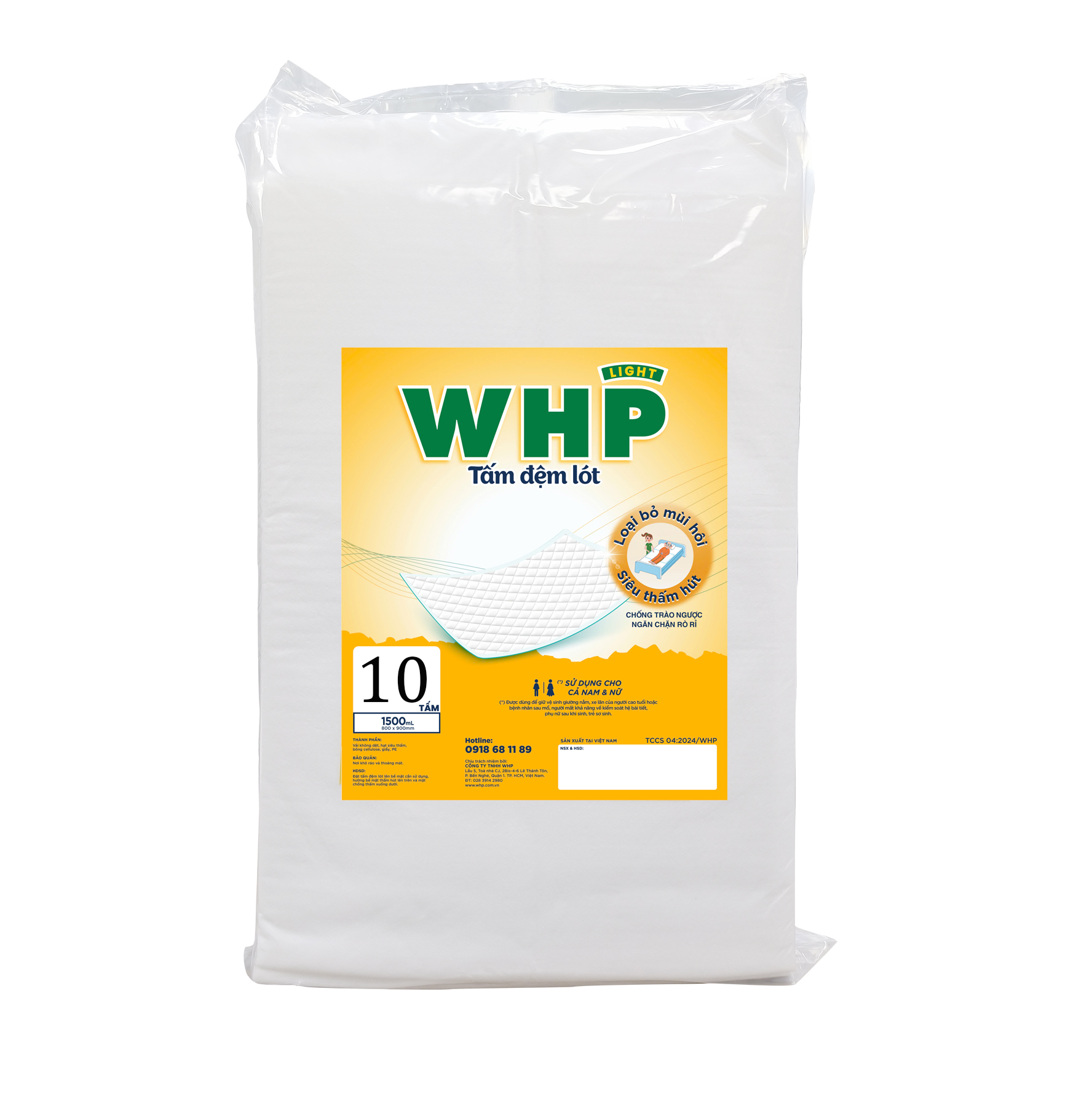 Tấm Đệm Lót WHP Underpad, Siêu Thấm Hút, Chống Trào Ngược, Khử Mùi Hiệu Quả Size 80x90 cm (8 miếng/túi)