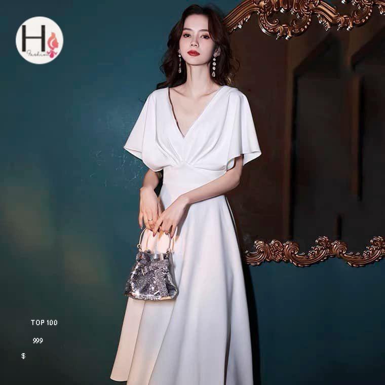 ĐẦM ĐI TIỆC CỔ V TAY LOA NHÚN NGỰC SANG TRỌNG, QUÝ PHÁI