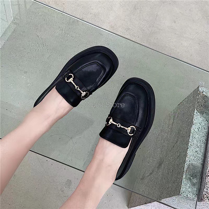 DA MỀM CÓ SẴN Giày Moccasin Moca Nữ mũi vuông đế 3cm da lì mềm màu đen và nâu dẫm gót fullbox