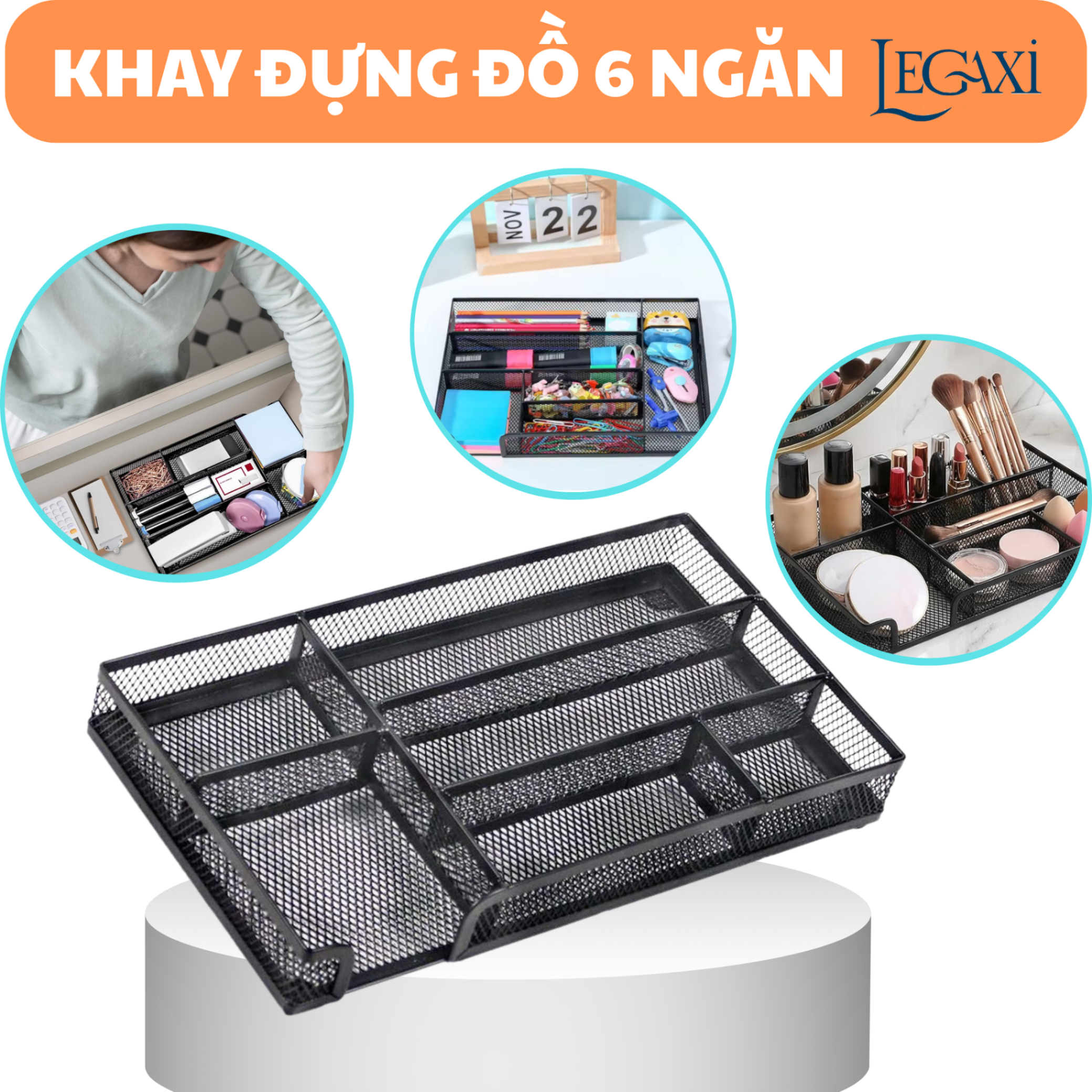 Khay Đựng Bút Tẩy Thước, Dụng Cụ Văn Phòng, Mỹ Phẩm, Trang Sức 6 Ngăn Bằng Lưới Sắt Văn Phòng Phẩm