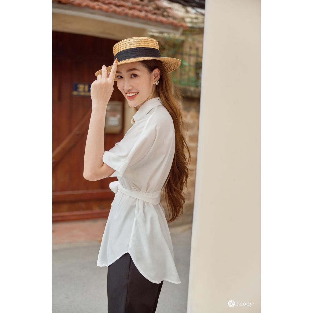 Áo sơ mi nữ trắng, dáng freesize, tay cánh rơi, ngắn tay, chất sợi sen thoáng mát, kèm đai rời Peony - OLIVIA TOP