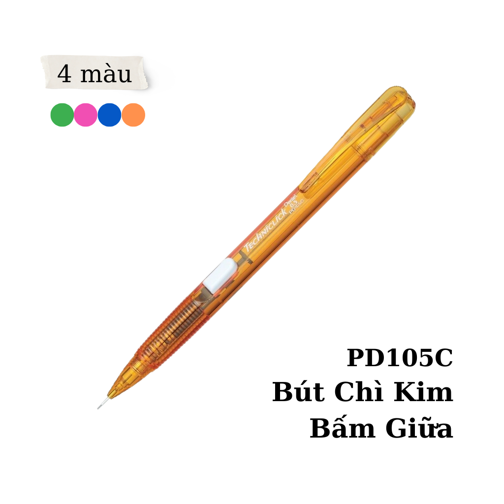 Bút Chì Bấm Thân Giữa Pentel PD105C Ngòi 0.5mm | Dễ Dàng Bấm Chì | Thiết Kế Thân Trong Đẹp Mắt