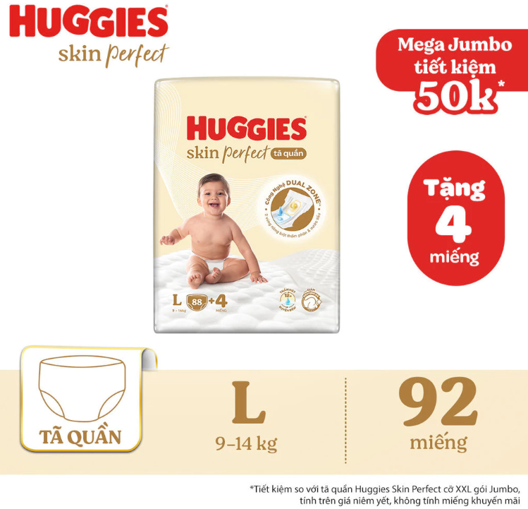Tã quần Huggies Skin Perfect Mega Jumbo L88+4 miếng với 2 vùng thấm giảm kích ứng da