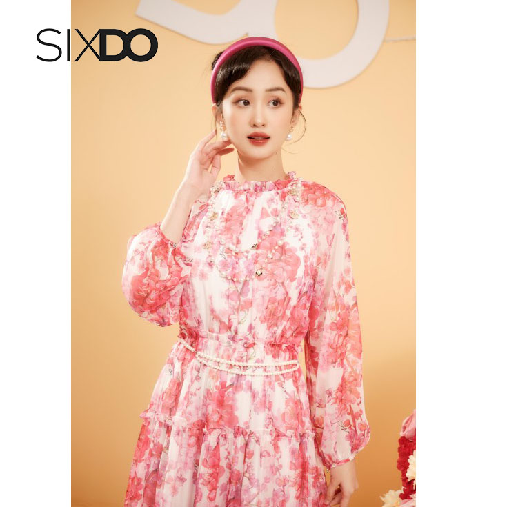 Đầm midi chiffon hoa đào dài tay thời trang nữ SIXDO