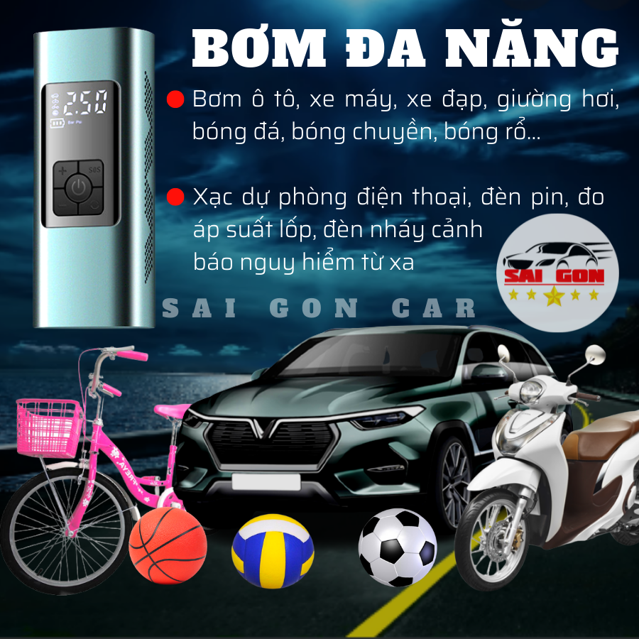 Bơm ô tô 12V đa năng, bơm xe hơi, bơm xe máy, bơm xe đạp kiêm xạc điện thoại, đèn pin, đèn cảnh báo nguy hiểm