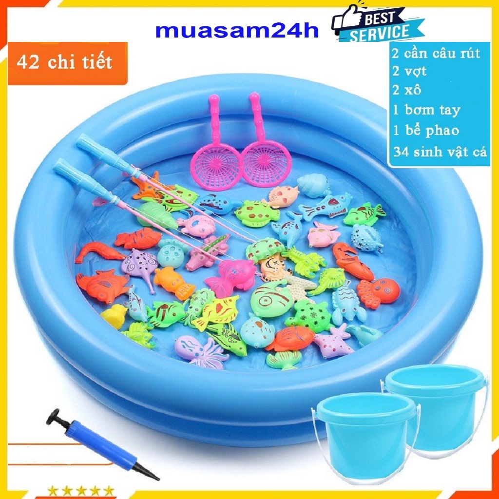 Đồ Chơi Câu Cá, SIZE ĐẠI, Bộ Câu Cá 42 Chi Tiết Cho Bé Gồm 2 Xô, 2 Cần Câu, 1 Phao, 1 Bơm Và Cá
