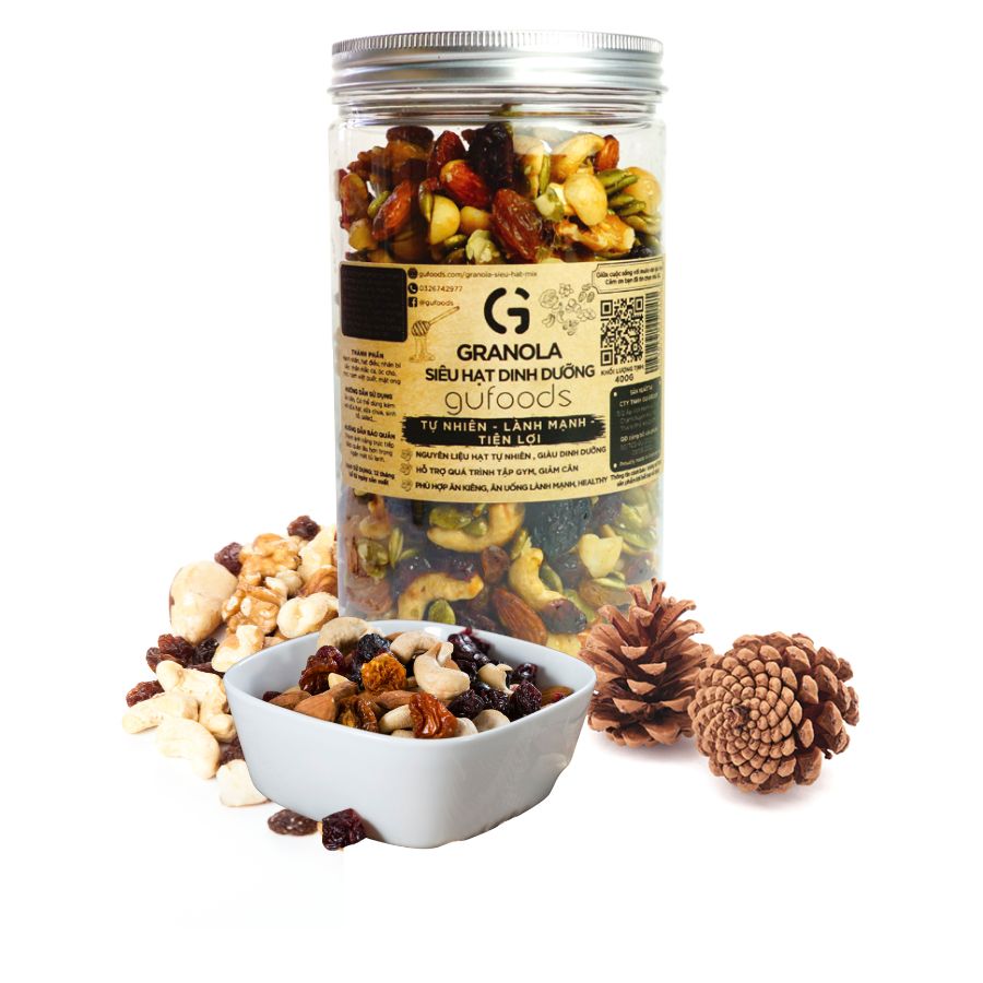 Granola thuần chay nướng mật dừa nước GUfoods (0% yến mạch; Mix siêu hạt mắc ca, nam việt quất, hạnh nhân, hạt điều, nho khô) - Dinh dưỡng, Tiện lợi, Thơm ngon, Giàu lợi ích sức khỏe