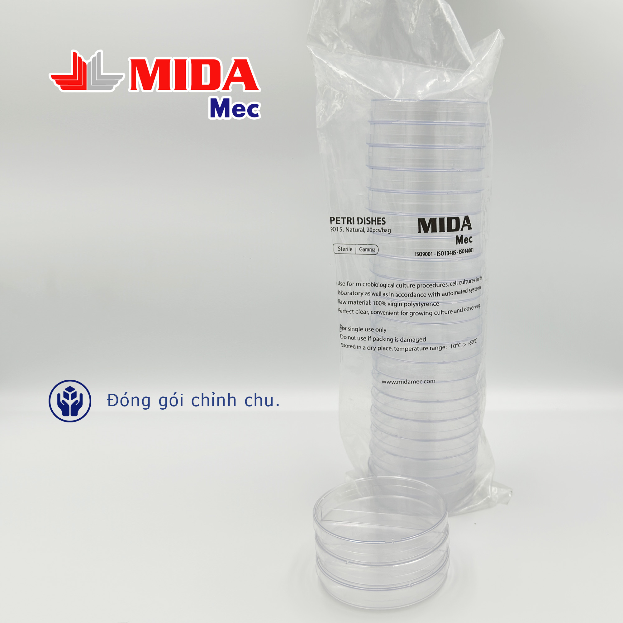 Đĩa Petri nhựa MidaMec 9015 - 2 ngăn đã tiệt trùng đóng gói 20 cái/ bao