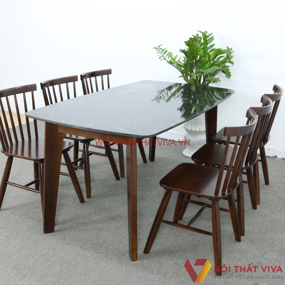 Bộ Bàn Ăn Mặt Đá 6 Ghế Giá Rẻ Gỗ Cao Su Chân Vát Đẹp Hiện Đại