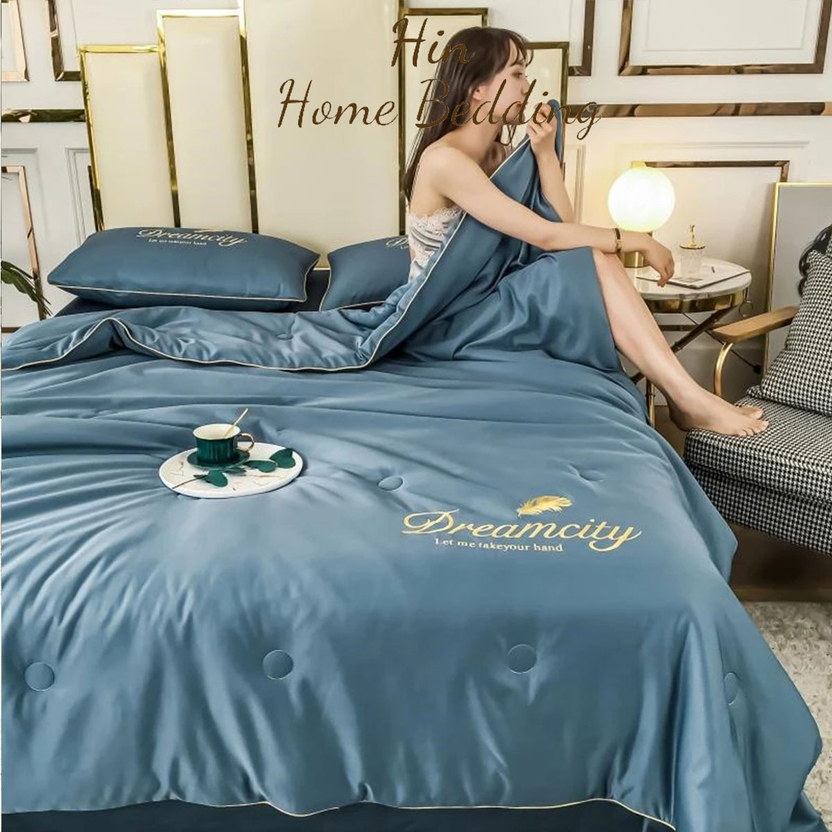 Bộ Chăn Ga Gối Đệm 5 Món Lụa Dream City Set Chăn Ga Drap Trải Giường Chăn Chần Bông Đẹp Hin Home Bedding M46